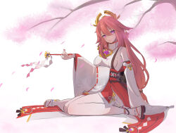 Rule 34 | 1girl, animal ears, bare shoulders, belt, blush, branch, breasts, brown belt, brown footwear, cherry blossoms, closed mouth, commentary request, detached sleeves, earrings, fox ears, gem, genshin impact, gold earrings, hair between eyes, hair ornament, hand up, highres, holding, japanese clothes, jewelry, lips, long hair, long sleeves, looking at viewer, medium breasts, nontraditional miko, petals, pink hair, purple eyes, purple gemstone, red skirt, sandals, shirt, simple background, sitting, skirt, smile, solo, tassel, tree, user nkps8454, vision (genshin impact), white background, white shirt, wide sleeves, yae miko, zouri