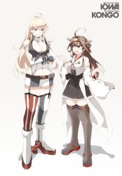 Rule 34 | 10s, 2girls, ahoge, black eyes, blonde hair, blue eyes, boots, breasts, brown hair, character name, cleavage, detached sleeves, double bun, elbow gloves, fingerless gloves, gloves, hairband, height difference, iowa (kancolle), kantai collection, kongou (kancolle), large breasts, long hair, miniskirt, multiple girls, nontraditional miko, ribbon-trimmed sleeves, ribbon trim, shigino sohuzi, skirt, smile, standing, talking, thigh boots, thighhighs, zettai ryouiki