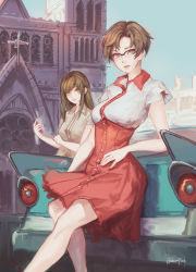 Rule 34 | 2girls, artist name, blue sky, breasts, brown eyes, brown hair, brown shirt, car, church, closed mouth, collared shirt, commentary, cross, day, highres, holding, holding phone, kang jaehee, leaning back, long hair, looking at viewer, medium breasts, motor vehicle, multiple girls, outdoors, phone, protagonist (susanghan messenger), shirt, short hair, sky, softmode, sunlight, susanghan messenger, twitter username, yellow eyes