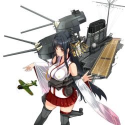 Rule 34 | 1girl, aircraft, airplane, black hair, cannon, commentary request, cowboy shot, detached sleeves, flight deck, floral print, fusou (kancolle), fusou kai ni (kancolle), grey thighhighs, hair ornament, kantai collection, long hair, nao (nao eg), pleated skirt, red eyes, red skirt, second-party source, simple background, skirt, solo, standing, thighhighs, turret, white background