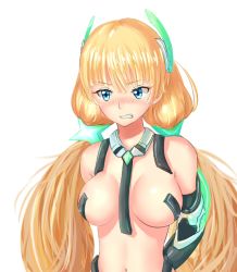Rule 34 | 1girl, adapted costume, angela balzac, arms behind back, bad id, bad pixiv id, blonde hair, blue eyes, blush, breasts, clenched teeth, female focus, headgear, large breasts, long hair, low twintails, navel, rakuen tsuihou, seven zhu bing yi, simple background, solo, teeth, twintails, upper body, white background
