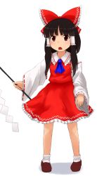Rule 34 | 1girl, :o, bad id, bad pixiv id, black hair, blunt bangs, blush, bobby socks, bow, dai-erie, detached sleeves, gohei, hair bow, hair ribbon, hair tubes, hakurei reimu, highres, hime cut, large bow, legacy of lunatic kingdom, loafers, looking at viewer, open mouth, red eyes, ribbon, ribbon-trimmed sleeves, ribbon trim, shoes, sidelocks, skirt, skirt set, socks, solo, touhou, vest