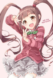 Rule 34 | 1girl, :d, blush, bow, bowtie, breasts, brown eyes, brown hair, cardigan, character name, collared shirt, commentary request, cowboy shot, dot nose, double w, frilled skirt, frills, green bow, green bowtie, grey skirt, hair tie, hands up, head tilt, idolmaster, idolmaster million live!, kuresuku (lessons), layered skirt, long hair, long sleeves, looking at viewer, looking down, matsuda arisa, miniskirt, open mouth, pink background, pink cardigan, red cardigan, shirt, sidelocks, simple background, skirt, small breasts, smile, solo, striped sleeves, thick eyelashes, thighhighs, twintails, two-tone cardigan, very long hair, w, white shirt, white thighhighs, zettai ryouiki