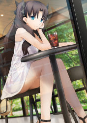 Rule 34 | 1girl, a-senmei, absurdres, alternate costume, arm support, black hair, blue eyes, blurry, blurry background, brown hair, closed mouth, coffee, commentary request, dress, dutch angle, eyelashes, fate/stay night, fate (series), feet out of frame, hair ribbon, hand on own face, highres, iced coffee, indoors, knees together feet apart, leaning forward, legs, long hair, long legs, looking at viewer, reflection, ribbon, sandals, shadow, sidelocks, sitting, sleeveless, sleeveless dress, solo, sundress, thighs, tohsaka rin, two side up, white dress, window