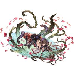 Rule 34 | 1girl, all fours, ass, breasts, brown hair, flower, full body, gloves, granblue fantasy, hair flower, hair ornament, leaf, long hair, looking at viewer, magic circle, minaba hideo, official art, own hands together, petals, rosetta (granblue fantasy), smile, solo, thorns, transparent background, very long hair