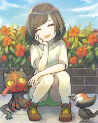 Rule 34 | 1girl, absurdres, black hair, blue sky, closed eyes, commentary request, creatures (company), day, flower, game freak, gen 7 pokemon, green shorts, hand on own cheek, hand on own face, highres, knees up, litten, nintendo, open mouth, outdoors, peppedayo ne, pikipek, pokemon, pokemon (creature), pokemon sm, selene (pokemon), shoes, short hair, short sleeves, shorts, sitting, sky