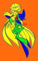 absurdres arm_blade artist_name bob_cut closed_eyes color_contrast creatures_(company) dress gallade game_freak gardevoir gen_3_pokemon gen_4_pokemon hair_over_one_eye highres i_depend_on_you_(meme) meme nintendo orange_background pokemon pokemon_(creature) simple_background sketchygarden weapon