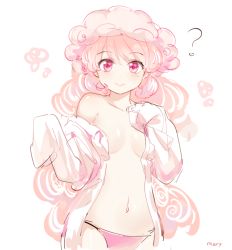 Rule 34 | 1girl, ?, bad id, bad twitter id, bare shoulders, blush, breasts, copyright request, curly hair, jacket, long hair, looking at viewer, mery (yangmalgage), no bra, open clothes, open jacket, panties, pink eyes, pink hair, pink panties, simple background, smile, solo, underwear, white background