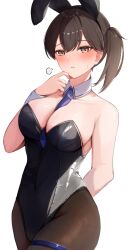 Rule 34 | 1girl, animal ears, arm behind back, black leotard, blue necktie, blush, breasts, brown eyes, brown hair, brown pantyhose, cup, detached collar, embarrassed, fake animal ears, highres, kaga (kancolle), kantai collection, large breasts, leotard, looking at viewer, necktie, pantyhose, parted lips, playboy bunny, rabbit ears, ranran 3939, short hair, simple background, solo, white background, wrist cuffs