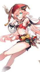 Rule 34 | 1girl, antlers, aqua eyes, bare legs, black shorts, bow, breasts, commentary, crop top, detached sleeves, feet out of frame, genshin impact, hair between eyes, hat, holding, holding weapon, horns, long hair, looking at viewer, mito itsuki, open mouth, pink hair, pom pom (clothes), red hat, short shorts, shorts, simple background, small breasts, smile, solo, stomach, symbol-only commentary, tassel, thighs, weapon, white background, yanfei (genshin impact), yellow bow