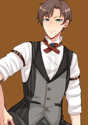 Rule 34 | 1boy, absurdres, blue brooch, blue eyes, brown background, brown hair, closed mouth, collared shirt, commentary request, cross tie, grey vest, highres, koruri456, looking at viewer, mahjong soul, male focus, medium bangs, parted bangs, shinomiya natsuki (mahjong soul), shirt, short hair, short sleeves, simple background, smile, solo, striped clothes, striped vest, upper body, vest, white shirt
