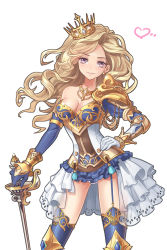 Rule 34 | 1girl, blonde hair, blue gloves, blue thighhighs, breasts, cleavage, crown, gloves, jewelry, long hair, looking at viewer, original, pink eyes, rapier, shoulder guard, solo, sword, thighhighs, weapon, white gloves, yun zi