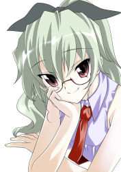 Rule 34 | 1girl, alternate hairstyle, anchovy (girls und panzer), black-framed eyewear, black ribbon, brown eyes, closed mouth, commentary request, elbow rest, girls und panzer, glasses, green hair, hair ribbon, head rest, highres, leaning forward, long hair, looking at viewer, necktie, partial commentary, ponytail, purple shirt, red necktie, ribbon, semi-rimless eyewear, senomoto hisashi, shirt, simple background, sleeveless, sleeveless shirt, smile, solo, under-rim eyewear, white background, wing collar