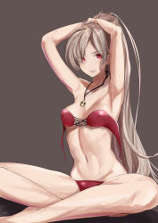 Rule 34 | 1girl, armpits, arms behind head, arms up, azur lane, bare arms, bare legs, bare shoulders, barefoot, bikini, breasts, breasts apart, closed mouth, collarbone, commentary request, covered erect nipples, earrings, eyes visible through hair, full body, grey background, groin, highres, indian style, jean bart (azur lane), jewelry, light brown hair, long hair, looking at viewer, medium breasts, navel, necklace, ponytail, red bikini, red eyes, schreibe shura, simple background, sitting, skull, skull necklace, solo, stomach, strapless, strapless bikini, swimsuit, tying hair, untied bikini, untied bikini top