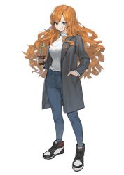 Rule 34 | 1girl, absurdres, black coat, black footwear, blue eyes, blush, breasts, casual, coat, commentary, commission, cryshana, cup, denim, disposable cup, drinking straw, english commentary, eyes visible through hair, fictional persona, full body, hand in pocket, highres, holding, holding cup, jeans, large breasts, long hair, long sleeves, open clothes, open coat, orange hair, original, pants, parted lips, romana, shoes, simple background, smile, sneakers, solo, standing, sweater, v-shaped eyebrows, very long hair, wavy hair, white background, white sweater