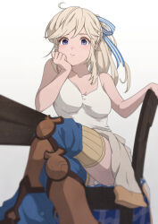 Rule 34 | 1girl, bare shoulders, blonde hair, blurry, breasts, breasts apart, chair, closed mouth, clothes around waist, crossed legs, cucouroux (granblue fantasy), depth of field, elbow rest, feet out of frame, granblue fantasy, hair ribbon, highres, impossible clothes, light blush, long hair, looking at viewer, medium breasts, mifuta, ponytail, purple eyes, ribbon, shirt, signature, sitting, solo, table, tank top, thighhighs, watermark, white background, white shirt