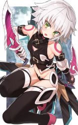 Rule 34 | 1girl, bare shoulders, black footwear, black panties, boots, dual wielding, fate/apocrypha, fate/grand order, fate (series), fuji tarawi, gloves, green eyes, highres, holding, jack the ripper (fate/apocrypha), knife, looking at viewer, navel, panties, scar, scar across eye, scar on face, short hair, silver hair, single glove, solo, thigh boots, thighhighs, underwear