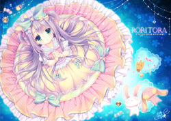 Rule 34 | 1girl, :x, bow, cookie, cover, cover page, doily, dress, food, frilled dress, frills, from above, green eyes, hair bow, hair ribbon, heart, interlocked fingers, lolita fashion, long hair, looking at viewer, looking up, original, own hands clasped, own hands together, ribbon, signature, silver hair, solo, stuffed animal, stuffed rabbit, stuffed toy, sweet lolita, sweets, tsukishima yuuko, two side up, very long hair, watermark, web address