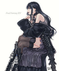 Rule 34 | 1girl, 2020, amaichi esora, bare shoulders, black choker, black coat, black footwear, black hair, blue eyes, boots, choker, coat, copyright name, crossed legs, dated, dress, final fantasy, final fantasy xiv, fishnet thighhighs, fishnets, from side, gaia (ff14), goth fashion, gothic, grey dress, grey thighhighs, hand up, highres, hyur, knee boots, lipstick, long hair, long sleeves, makeup, off-shoulder coat, off shoulder, open clothes, open coat, parted lips, purple lips, short dress, simple background, sitting, sleeveless, sleeveless dress, solo, thick eyebrows, thighhighs, thighs, twitter username, white background