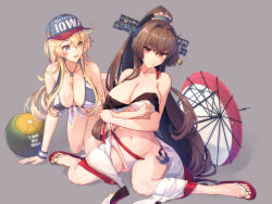 Rule 34 | 2girls, all fours, anchor necklace, ball, beachball, bikini, bikini tug, blonde hair, blue eyes, breasts, brown hair, cleavage, closed mouth, collarbone, crossed arms, embarrassed, flip-flops, flower, grey background, hair between eyes, hair flower, hair ornament, halterneck, himeyamato, iowa (kancolle), jewelry, kantai collection, large breasts, long hair, looking at another, looking at viewer, multiple girls, navel, necklace, ponytail, sandals, sidelocks, simple background, smile, star-shaped pupils, star (symbol), swimsuit, symbol-shaped pupils, umbrella, untied bikini, wristband, yamato (kancolle), yamato kai ni (kancolle)