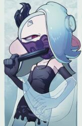 Rule 34 | 1girl, bare shoulders, black dress, black gloves, blue background, blue hair, collarbone, commentary, dress, elbow gloves, folding fan, gloves, hair over one eye, hand fan, highres, holding, holding fan, jewelry, mask, medium hair, mouth mask, necklace, nintendo, octoling, pillarboxed, red eyes, shiver (splatoon), solo, splatoon (series), splatoon 3, strapless, strapless dress, tentacle hair, yattpki3wfyvsm5