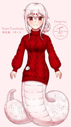 Rule 34 | 1girl, absurdres, artist name, blush, breasts, character name, commentary, english commentary, hair bun, highres, indie virtual youtuber, lamia, looking at viewer, medium breasts, monster girl, open hands, pink background, pink hair, red eyes, red sweater, simple background, single hair bun, smile, snake, solo, sweater, virtual youtuber, yumie tsuchinoko, yumie tsuchinoko (artist)