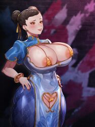 Rule 34 | 1girl, 5t (5t 000), absurdres, areola slip, argyle, ass, bangle, bikini, blush, bracelet, breasts, brown hair, capcom, chun-li, cleavage, cleavage cutout, cleft of venus, clothing cutout, covered erect nipples, covered navel, earrings, eyeshadow, gold bikini, heart, heart cutout, heart earrings, heart print, highres, huge breasts, jewelry, lipstick, makeup, nail polish, pubic cutout, ribbon, solo, street fighter, street fighter 6, swimsuit
