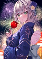 Rule 34 | 1girl, absurdres, blue kimono, blush, breasts, candy apple, cleavage, commentary request, fireworks, flower, food, green eyes, grey hair, hair flower, hair ornament, highres, hololive, japanese clothes, kimono, looking at viewer, rum raisin (chihiromakita19), shirogane noel, smile, solo, upper body, virtual youtuber, yukata