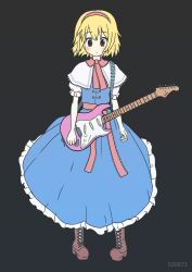 Rule 34 | 1girl, alice margatroid, blonde hair, blue dress, blush, boots, brown eyes, brown footwear, capelet, closed mouth, commentary request, cookie (touhou), dress, electric guitar, expressionless, frilled dress, frilled hairband, frilled necktie, frilled sash, frills, full body, grey background, guitar, hairband, highres, hinase (cookie), holding, holding instrument, instrument, looking at viewer, medium bangs, necktie, niconico, pigeon-toed, pink hairband, pink necktie, pink sash, sash, short hair, simoyuki, simple background, solo, standing, touhou, white capelet