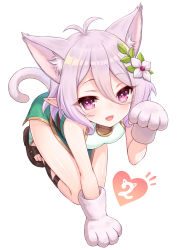Rule 34 | 1girl, :d, animal ear fluff, animal ears, animal hands, antenna hair, bare shoulders, blush, breasts, brown footwear, cat ears, cat girl, cat tail, commentary request, dress, fang, flower, gloves, green dress, hair between eyes, hair flower, hair ornament, heart, highres, kemonomimi mode, kokkoro (princess connect!), looking at viewer, open mouth, paw gloves, pointy ears, princess connect!, purple eyes, purple hair, sandals, simple background, sleeveless, sleeveless dress, small breasts, smile, solo, tail, tomo (tmtm mf mf), white background, white flower, white gloves