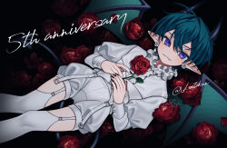 1boy ahoge anniversary aqua_hair artist_name bat_wings black_background black_nails blue_shorts closed_mouth collar commentary_request demon_boy demon_tail demon_wings earrings english_text eyelashes fingernails floral_background flower flower_earrings frilled_collar frills garter_belt garter_straps gluteal_fold hair_intakes highres indie_virtual_youtuber jewelry juliet_sleeves long_fingernails long_sleeves looking_at_viewer lying male_focus petals petite pointy_ears puffy_shorts puffy_sleeves purple_eyes red_flower red_rose rose rose_background rose_petals setokun_(vtuber) shirt shirt_straps short_shorts shorts signature solo strap tail thighhighs trap twitter_username virtual_youtuber watermark wenaka_yuuji white_garter_straps white_shirt white_thighhighs wings