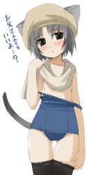 Rule 34 | animal ears, bakutendou, cat ears, cat tail, clothes pull, grey hair, one-piece swimsuit, one-piece swimsuit pull, school swimsuit, solo, swimsuit, tail, thighhighs, undressing