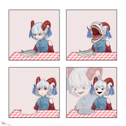 Rule 34 | 1girl, 4koma, bite mark, black eyes, blue dress, breasts, comic, commentary, curled horns, curly hair, detached sleeves, dress, earrings, eating, english commentary, fish, grey hair, highres, hoop earrings, horizontal pupils, horns, jewelry, medium bangs, numbered panels, open mouth, plate, pointy ears, rectangular pupils, red eyes, red horns, red sleeves, reremomon 13, sacabambaspis, sharp teeth, sheep horns, short hair, small breasts, square 4koma, table, teeth, tongue, tongue out, touhou, toutetsu yuuma, trembling, triangle mouth, upper body, zoom layer