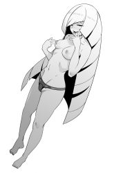 Rule 34 | 1girl, :d, barefoot, breasts, collarbone, commentary request, creatures (company), fingernails, full body, game freak, greyscale, half-closed eyes, hands up, highres, knees, long hair, looking to the side, lusamine (pokemon), makino harumaki, monochrome, navel, nintendo, nipples, open mouth, panties, pokemon, pokemon sm, simple background, smile, solo, spread fingers, teeth, toes, tongue, topless, underwear, upper teeth only, very long hair, white background