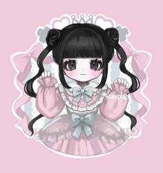 Rule 34 | 1girl, :3, black hair, blunt bangs, bow, bowtie, closed mouth, double bun, dress, frilled dress, frills, hair bun, hands up, highres, long hair, long sleeves, looking at viewer, original, pinching sleeves, pink background, pink dress, pink ribbon, ribbon, sample watermark, shiona (siona0625), smile, solo, straight-on, twintails, upper body, watermark
