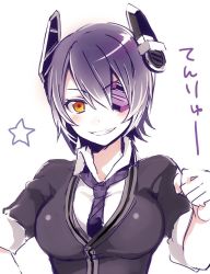 Rule 34 | 10s, 1girl, arisaka ako, blush, breasts, cardigan, character name, eyepatch, grin, kantai collection, necktie, orange eyes, short hair, simple background, sketch, smile, solo, tenryuu (kancolle), translated, white background