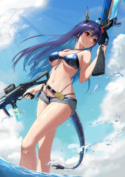 Rule 34 | 1girl, absurdres, anming, arknights, bare arms, bare legs, bare shoulders, bikini, black bikini, black ribbon, blue hair, blue sky, breasts, ch&#039;en (arknights), ch&#039;en the holungday (arknights), ch&#039;en the holungday (elite ii) (arknights), chinese commentary, closed mouth, clothes writing, colored inner hair, commentary request, day, dragon girl, dragon horns, dragon tail, dual wielding, flower, front-tie bikini top, front-tie top, grey shorts, hair flower, hair ornament, highres, holding, horns, large breasts, light rays, looking away, looking to the side, multicolored hair, navel, official alternate costume, open clothes, open fly, open shorts, outdoors, purple hair, red eyes, red flower, rhodes island logo (arknights), ribbon, short shorts, shorts, sky, smile, solo, stomach, sunbeam, sunlight, swimsuit, tail, thighs, trigger discipline, two-tone hair, underboob, wading, water, water gun