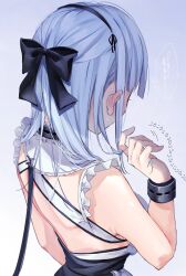 Rule 34 | 1girl, arm up, armpits, azur lane, back, backless dress, backless outfit, black bow, blue hair, blush, bow, bracelet, breasts, chigusa minori, clip studio paint (medium), commentary request, dido (azur lane), dress, ear blush, embarrassed, facing away, flustered, from behind, gradient background, hair bow, twirling hair, hairband, highres, jewelry, large breasts, long hair, maid, ponytail, short hair, sideboob, simple background, solo, translation request, upper body