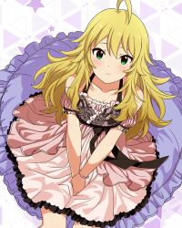 Rule 34 | 1girl, ahoge, bare shoulders, blonde hair, blush, bracelet, breasts, closed mouth, collarbone, cowboy shot, cushion, detached sleeves, dot nose, floral print, fluffy hair, frilled negligee, frills, green eyes, hair between eyes, halterneck, hands on own crotch, hoshii miki, idolmaster, idolmaster (classic), idolmaster million live!, idolmaster million live! theater days, jewelry, layered nightgown, light smile, long hair, looking at viewer, medium breasts, official alternate costume, official art, own hands together, pink negligee, puffy detached sleeves, puffy sleeves, ribbon-trimmed sleeves, ribbon trim, rose print, sexy beautiful (idolmaster), sidelocks, sitting, sitting on object, solo, wavy hair