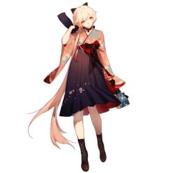 Rule 34 | 1girl, ankle boots, arm up, ask (askzy), black gloves, blonde hair, boots, bow, choker, closed mouth, cross-laced footwear, floral print, full body, girls&#039; frontline, gloves, hair bow, hair over shoulder, hakama, hakama short skirt, hakama skirt, half gloves, head tilt, high-waist skirt, high heel boots, high heels, japanese clothes, lace-up boots, long hair, low ponytail, meiji schoolgirl uniform, official alternate costume, official art, orange eyes, ots-14 (flurry of petals) (girls&#039; frontline), ots-14 (girls&#039; frontline), pink hair, skirt, solo, standing, transparent background, very long hair, wide sleeves, yellow eyes