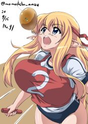 Rule 34 | 1girl, blonde hair, blue eyes, bread eating race, breasts, dated, gym uniform, hair ribbon, large breasts, long hair, nafta, open mouth, pointy ears, red ribbon, relay baton, ribbon, signature, simple background, solo, teeth, tiffania westwood, upper teeth only, white background, zero no tsukaima