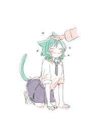 Rule 34 | 1girl, ^ ^, all fours, animal ears, bang dream!, blush, bow, bowwow (hamju94), braid, cat ears, cat tail, closed eyes, collared shirt, green hair, hair bow, headpat, heart, hikawa hina, kemonomimi mode, necktie, shirt, side braids, simple background, skirt, sleeves rolled up, smile, solo, solo focus, tail, white background, white shirt, yellow bow