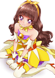Rule 34 | 1girl, absurdres, amanogawa kirara, bad id, bad pixiv id, bare shoulders, brown hair, cosplay, cure twinkle, cure twinkle (cosplay), detached collar, earrings, gloves, go! princess precure, hairband, highres, jewelry, long hair, looking at viewer, magical girl, precure, purple eyes, sharumon, simple background, sitting, smile, solo, star (symbol), star earrings, thighhighs, twintails, wariza, white background, white gloves, white thighhighs