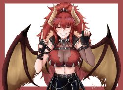 Rule 34 | 1girl, breasts, cleavage, closed eyes, dragon girl, dragon horns, dragon tail, dragon wings, fingerless gloves, gloves, horns, large breasts, long hair, midriff, orakuru, red hair, see-through, see-through cleavage, smile, solo, tail, virtual youtuber, vshojo, wings, zentreya, zentreya (dragon), zentreya (dragon) (1st costume)