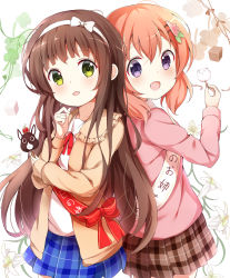 Rule 34 | 2girls, ;d, absurdres, back-to-back, blue skirt, blush, bow, brown hair, brown jacket, brown skirt, clover, collared shirt, commentary request, floral background, flower, four-leaf clover, frilled jacket, frills, gochuumon wa usagi desu ka?, green eyes, hair between eyes, hair bow, hair ornament, hairband, hairclip, hand up, highres, holding, hoto cocoa, jacket, lily (flower), long hair, looking at viewer, multiple girls, neck ribbon, one eye closed, open clothes, open jacket, open mouth, pink jacket, plaid, plaid skirt, pleated skirt, purple eyes, red bow, red ribbon, ribbon, sash, shirt, simple background, skirt, smile, stick jitb, translation request, ujimatsu chiya, very long hair, white background, white bow, white hairband, white shirt