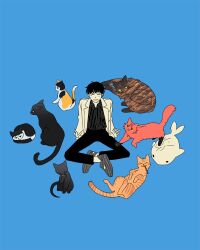 Rule 34 | 1boy, animal, black hair, black pants, blue background, cat, closed eyes, coat, collared shirt, commentary request, crocs, eoduun badaui deungbul-i doeeo, facing viewer, grey footwear, highres, korean commentary, lab coat, long sleeves, male focus, moonmunsea, open clothes, open coat, open mouth, pants, park moo-hyun, shirt, short hair, simple background, sitting, smile, striped clothes, striped shirt, stuffed animal, stuffed toy, stuffed whale, vertical-striped clothes, vertical-striped shirt
