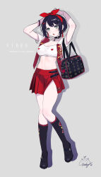 Rule 34 | 1girl, absurdres, arms up, bag, black footwear, black hair, black socks, blush, breasts, cleavage, copyright request, crop top, drop shadow, earrings, english text, fang, full body, grey background, grey eyes, hair ornament, hairclip, handbag, highres, jacket, jewelry, jiujiuyatou (yayanzz), kneehighs, medium breasts, midriff, navel, open clothes, open jacket, open mouth, pleated skirt, red jacket, red skirt, shoes, short sleeves, signature, simple background, skirt, socks, solo, standing, x hair ornament