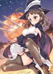 Rule 34 | 10s, 1girl, bad anatomy, black panties, bow, bow panties, breasts, brown eyes, brown hair, cape, corset, crotch seam, fukuda shuushi, garter straps, glasses, halloween, hat, high heels, highres, jack-o&#039;-lantern, kantai collection, open mouth, panties, pince-nez, roma (kancolle), skindentation, sky, solo, star (sky), starry sky, sunset, thighhighs, underwear, witch hat
