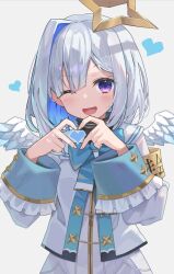 Rule 34 | 1girl, amane kanata, blue hair, blush, bow, halo, heart, heart hands, highres, hololive, hopepe, looking at viewer, medium hair, multicolored hair, open mouth, purple eyes, single hair intake, smile, solo, star halo, upper body, virtual youtuber, white hair, wings