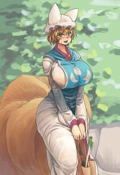 Rule 34 | 1girl, animal hat, bag, blonde hair, blush, breasts, bush, chanta (ayatakaoisii), covered erect nipples, curvy, day, dress, extra ears, fox tail, hair between eyes, hand fan, hat, highres, holding, holding bag, huge breasts, long sleeves, looking at viewer, mob cap, multiple tails, open mouth, shopping bag, short hair, smile, solo, spring onion, standing, sweatdrop, tabard, tail, taut clothes, teeth, thick thighs, thighs, tongue, touhou, white dress, wide hips, yakumo ran, yellow eyes